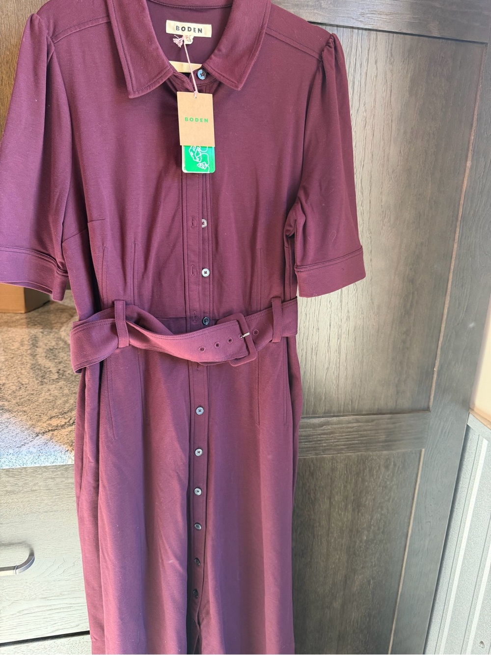 Boden Burgundy Button-Front Midi Shirt Dress with Self Belt